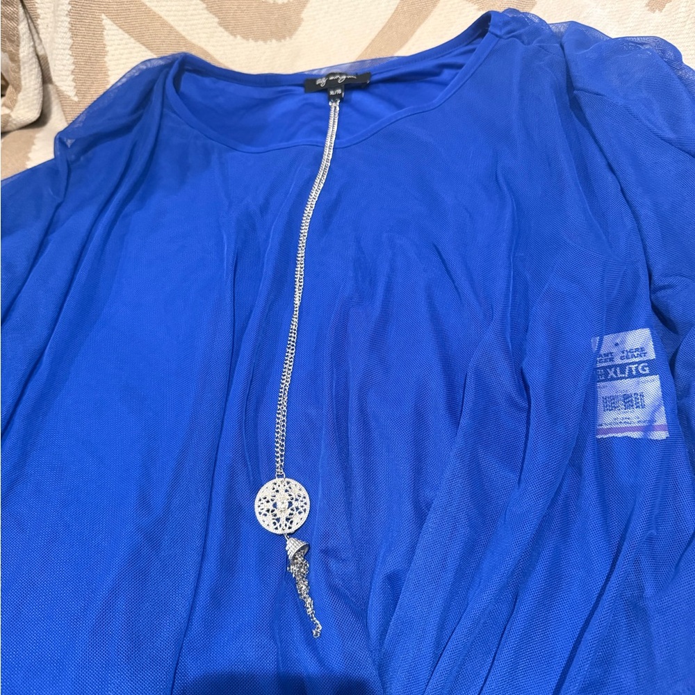 Blue Top with Silver Necklace Accent